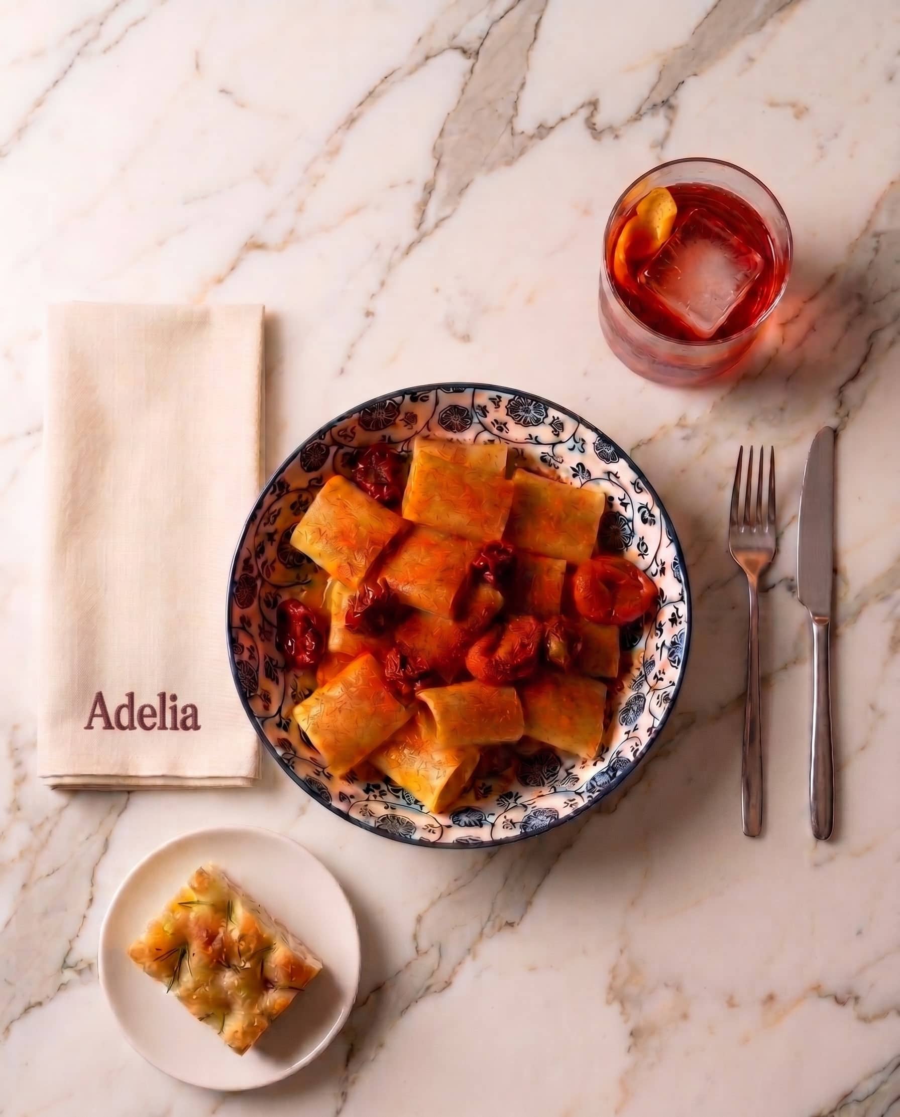 Paccheri in a blue-rimmed hand-painted bowl on marble - Adelia-embroidered linen napkin, Negroni, focaccia, place setting.